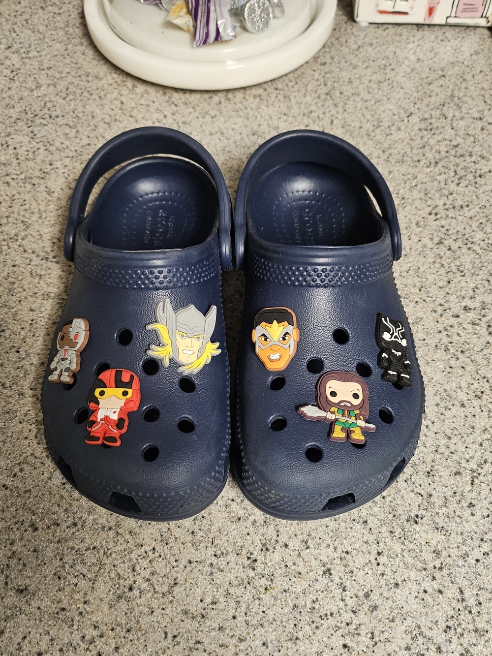 CROCS Kids Navy Blue Clogs with Superhero Jibbitz Charms